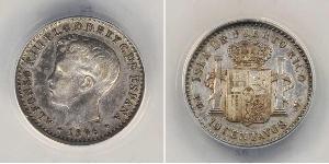 10 Centavo Porto Rico Argento Alfonso XIII of Spain (1886 - 1941)