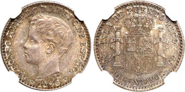 10 Centavo Puerto Rico Plata Alfonso XIII of Spain (1886 - 1941)