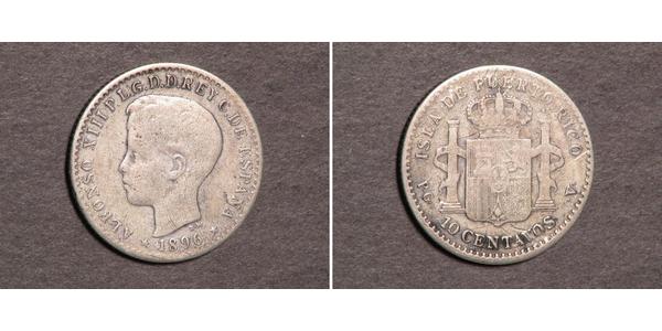 10 Centavo Puerto Rico Plata Alfonso XIII of Spain (1886 - 1941)