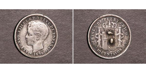 10 Centavo Puerto Rico Plata Alfonso XIII of Spain (1886 - 1941)