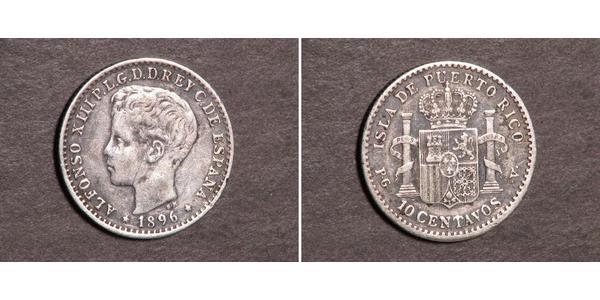 10 Centavo Puerto Rico Silver Alfonso XIII of Spain (1886 - 1941)