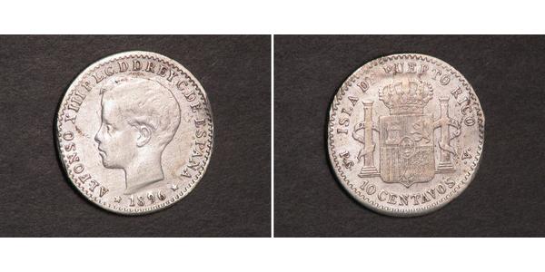 10 Centavo Puerto Rico Silver Alfonso XIII of Spain (1886 - 1941)