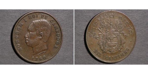 10 Centime Cambogia Bronzo/Argento Norodom of Cambodia (1834-1904)