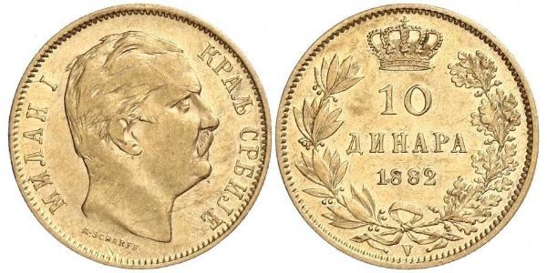 10 Dinar 塞尔维亚 金 Milan I of Serbia