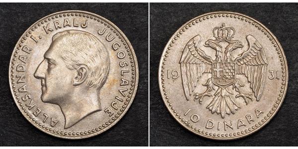 10 Dinar 南斯拉夫王國 (1918 - 1943) 銀 亞歷山大一世 (南斯拉夫) (1888 - 1934)
