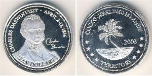 10 Dollar Cocos (Keeling) Islands Silver Charles Robert Darwin (1809 - 1882) 