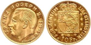 10 Franc Liechtenstein Gold Franz Joseph II, Prince of Liechtenstein (1938 - 1989) 