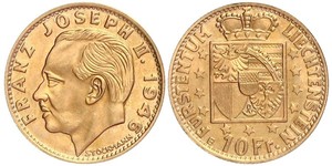 10 Franc Liechtenstein Gold Franz Joseph II, Prince of Liechtenstein (1938 - 1989) 