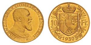 10 Franc Liechtenstein Gold Franz Joseph II, Prince of Liechtenstein (1938 - 1989) 