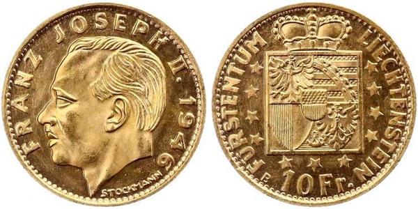 10 Franc Liechtenstein Gold Franz Joseph II, Prince of Liechtenstein (1938 - 1989) 