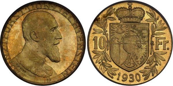 10 Franc Liechtenstein Gold Franz Joseph II, Prince of Liechtenstein (1938 - 1989) 
