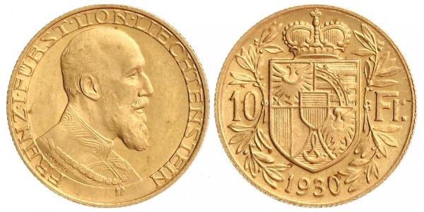 10 Franc Liechtenstein Gold Franz Joseph II, Prince of Liechtenstein (1938 - 1989) 