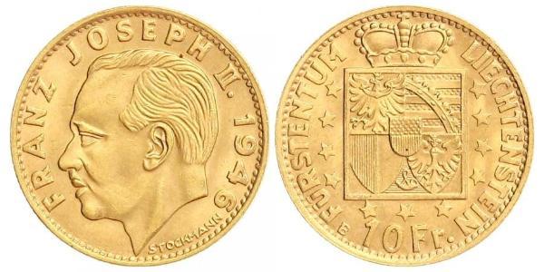 10 Franc Liechtenstein Gold Franz Joseph II, Prince of Liechtenstein (1938 - 1989) 