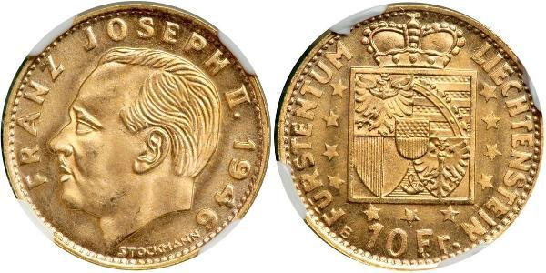 10 Franc Liechtenstein Gold Franz Joseph II, Prince of Liechtenstein (1938 - 1989) 