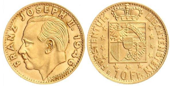 10 Franc Liechtenstein Gold Franz Joseph II, Prince of Liechtenstein (1938 - 1989) 