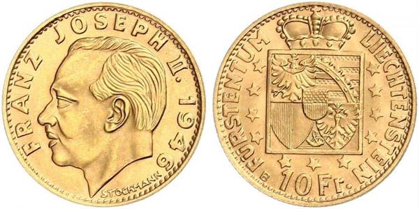 10 Franc Liechtenstein Or Franz Joseph II, Prince of Liechtenstein (1938 - 1989) 