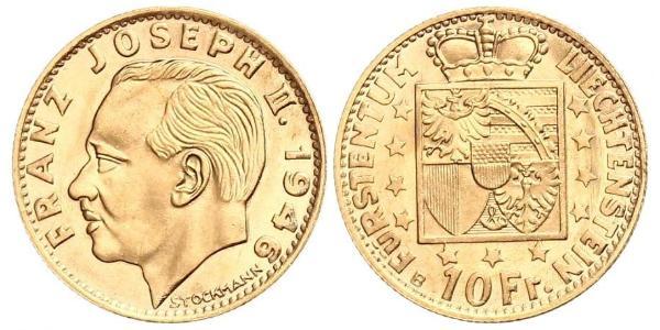 10 Franc Liechtenstein Or Franz Joseph II, Prince of Liechtenstein (1938 - 1989) 