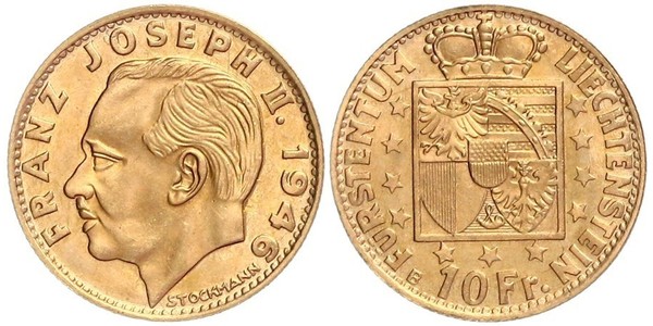 10 Franc Liechtenstein Or Franz Joseph II, Prince of Liechtenstein (1938 - 1989) 