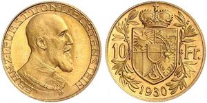 10 Franc Liechtenstein Oro Franz Joseph II, Prince of Liechtenstein (1938 - 1989) 