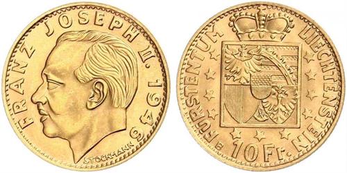 10 Franc Liechtenstein Oro Franz Joseph II, Prince of Liechtenstein (1938 - 1989) 