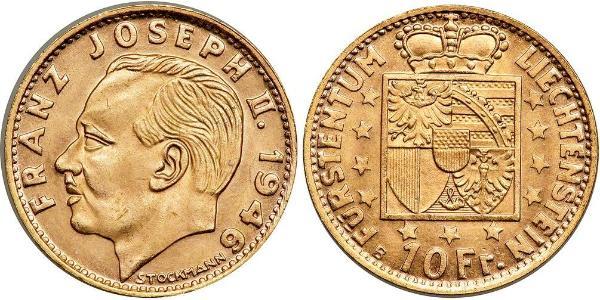 10 Franc Liechtenstein Oro Franz Joseph II, Prince of Liechtenstein (1938 - 1989) 