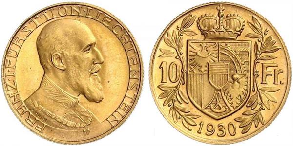 10 Franc Liechtenstein Oro Franz Joseph II, Prince of Liechtenstein (1938 - 1989) 