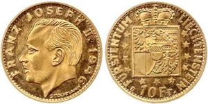 10 Franc Liechtenstein 金 Franz Joseph II, Prince of Liechtenstein (1938 - 1989) 