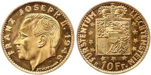 10 Franc Liechtenstein 金 Franz Joseph II, Prince of Liechtenstein (1938 - 1989) 
