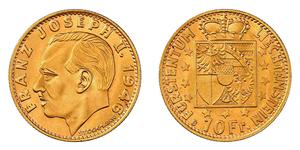 10 Franc Liechtenstein 金 Franz Joseph II, Prince of Liechtenstein (1938 - 1989) 