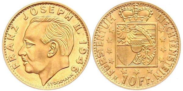 10 Franc Liechtenstein 金 Franz Joseph II, Prince of Liechtenstein (1938 - 1989) 