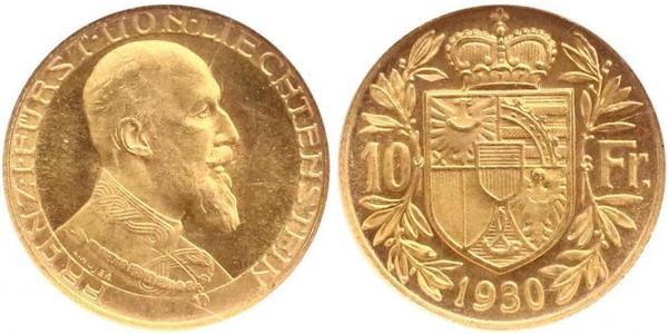 10 Franc Liechtenstein 金 Franz Joseph II, Prince of Liechtenstein (1938 - 1989) 