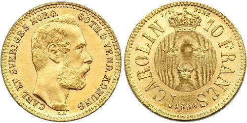 10 Franc / 1 Carolin Schweden Gold Oskar II. (Schweden) (1829-1907)