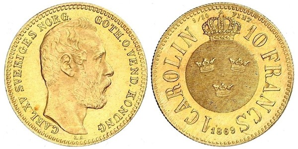 10 Franc / 1 Carolin Schweden Gold Oskar II. (Schweden) (1829-1907)