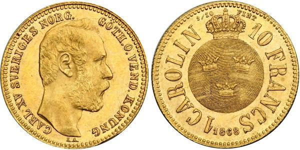 10 Franc / 1 Carolin 瑞典 金 奧斯卡二世 (1829-1907)