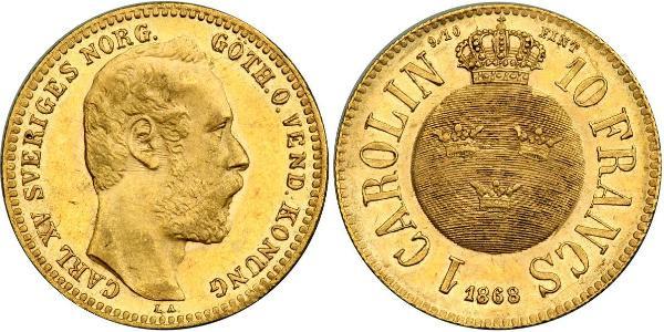 10 Franc / 1 Carolin 瑞典 金 奧斯卡二世 (1829-1907)
