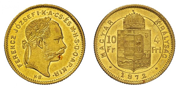 10 Franc / 4 Forint 奥匈帝国 (1867 - 1918) 金 弗朗茨·约瑟夫一世 (1830 - 1916)