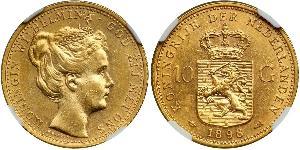 10 Gulden Regno dei Paesi Bassi (1815 - ) Oro Guglielmina dei Paesi Bassi(1880 - 1962)