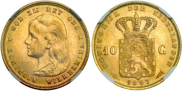 10 Gulden Regno dei Paesi Bassi (1815 - ) Oro Guglielmina dei Paesi Bassi(1880 - 1962)