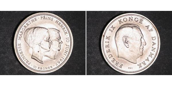 10 Krone Danimarca Argento Margherita II di Danimarca (1940-) / Federico IX di Danimarca (1899 - 1972)