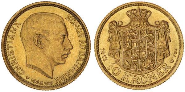 10 Krone Dinamarca Oro Cristián X de Dinamarca (1870 - 1947)