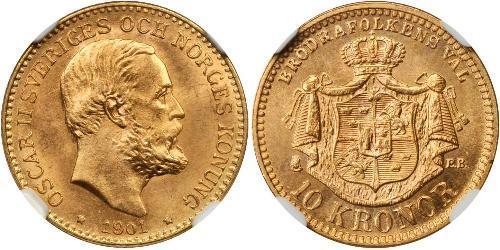 10 Krone Suecia Oro Óscar II de Suecia (1829-1907)