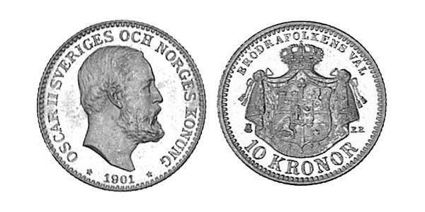 10 Krone Suecia Oro Óscar II de Suecia (1829-1907)