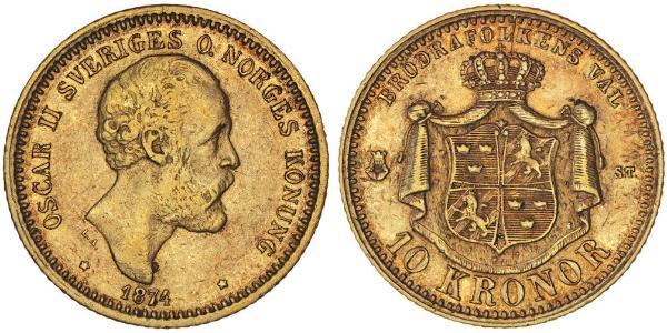 10 Krone Suecia Oro Óscar II de Suecia (1829-1907)