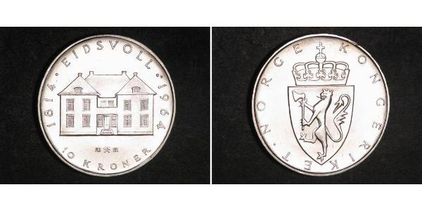 10 Krone Noruega (1905 - ) Plata Haakon VII de Noruega (1872 - 1957)