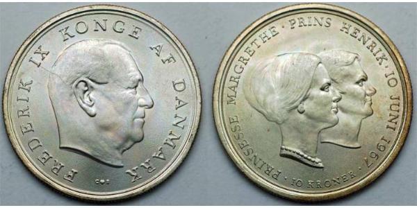 10 Krone Dänemark Silber Margrethe II. (Dänemark) (1940-) / Friedrich IX. (Dänemark) (1899 - 1972)