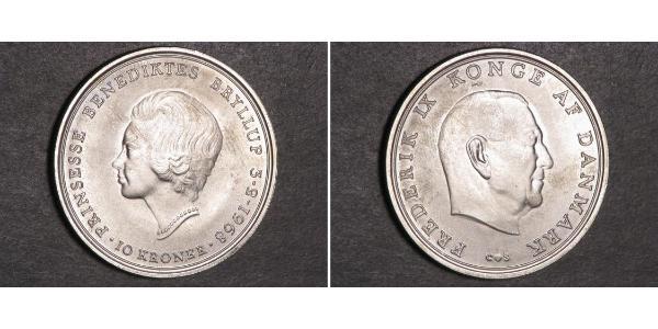 10 Krone 丹麦 銀 弗雷德里克九世 (1899 - 1972)
