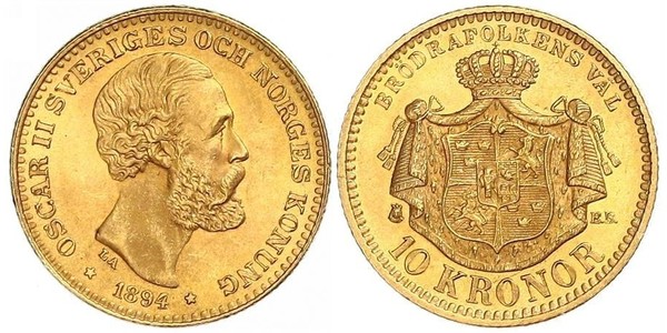 10 Krone / 10 Kronor  Schweden Gold Oskar II. (Schweden) (1829-1907)