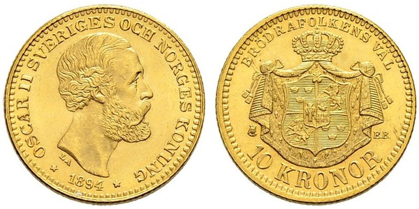 10 Krone / 10 Kronor  Sweden Gold Oscar II of Sweden (1829-1907)