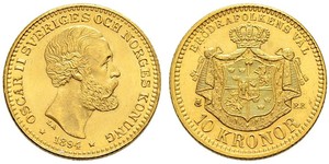 10 Krone / 10 Kronor  瑞典 金 奧斯卡二世 (1829-1907)