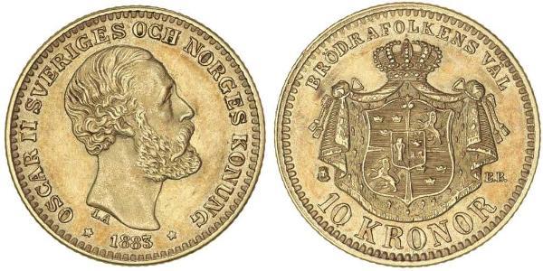 10 Krone / 10 Kronor  瑞典 金 奧斯卡二世 (1829-1907)